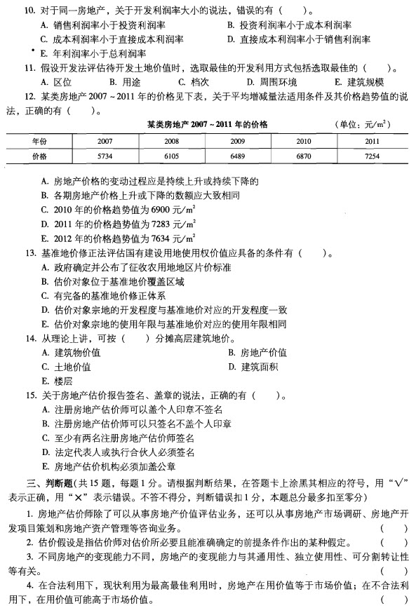 2012年房地产估价理论与方法试题