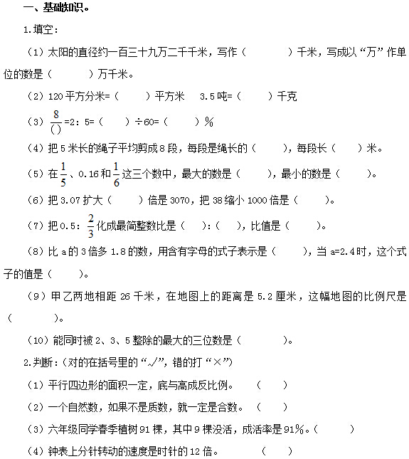 2015年小学毕业班数学模拟试卷港头小学 陈传铭班级