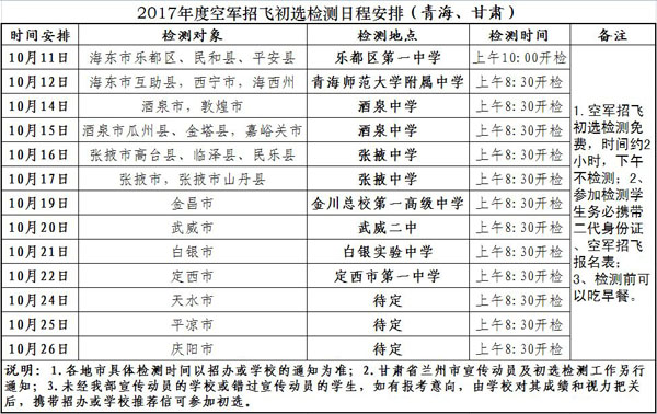 2017年度空军招飞初选检测日程安排(青海、甘肃)