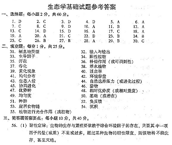 2004年全国成人高考专升本生态真题及答案