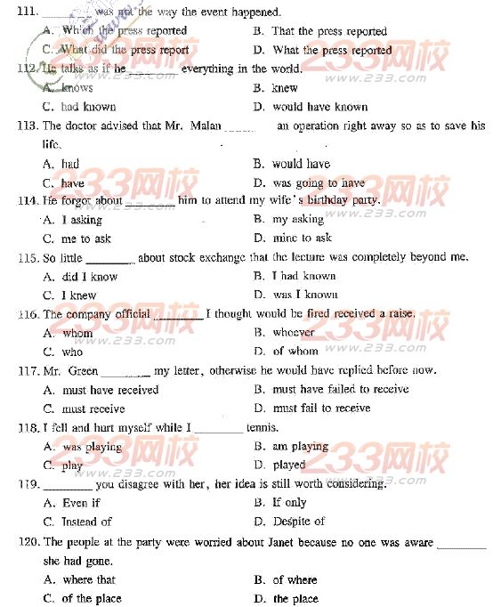 2014年成人学位英语语法强化练习017