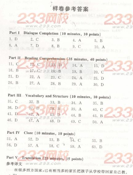 陕西2014年成人学士学位英语考试样题及答案